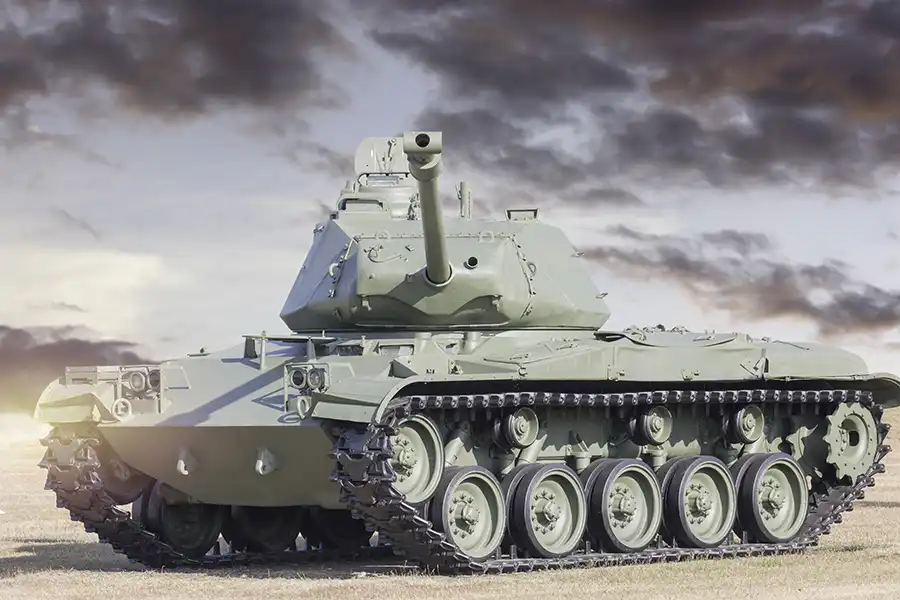 Military tank featured in Allient AUSA 2025 defense event graphic