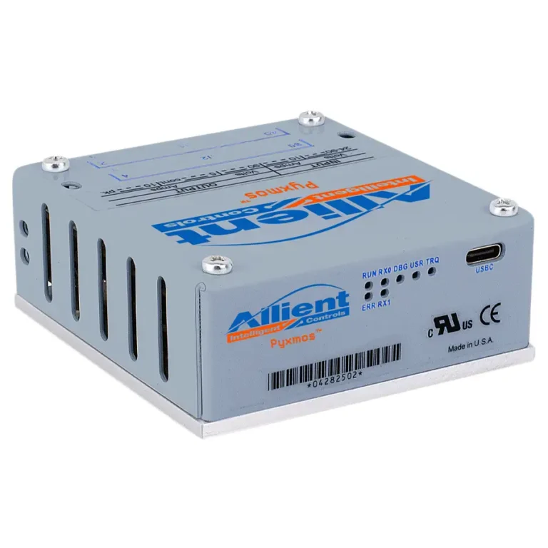 Allient Pyxmos servo drive module showcasing compact form factor and front-panel connectors for high-speed embedded motion control systems.