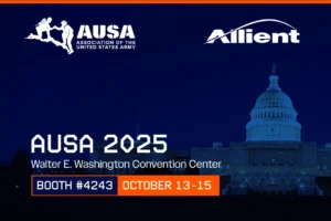 Promotional banner for Defense Technology at AUSA 2025 featuring Allient and AUSA logos, U.S. Capitol, and event details for Booth #4243, October 13–15 at the Walter E. Washington Convention Center