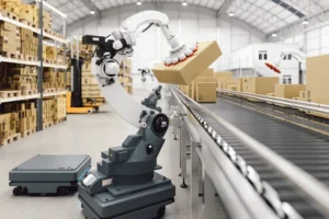 Automated warehouse vehicle carrying a package on a conveyor, illustrating how to select the right drive for automated vehicles.