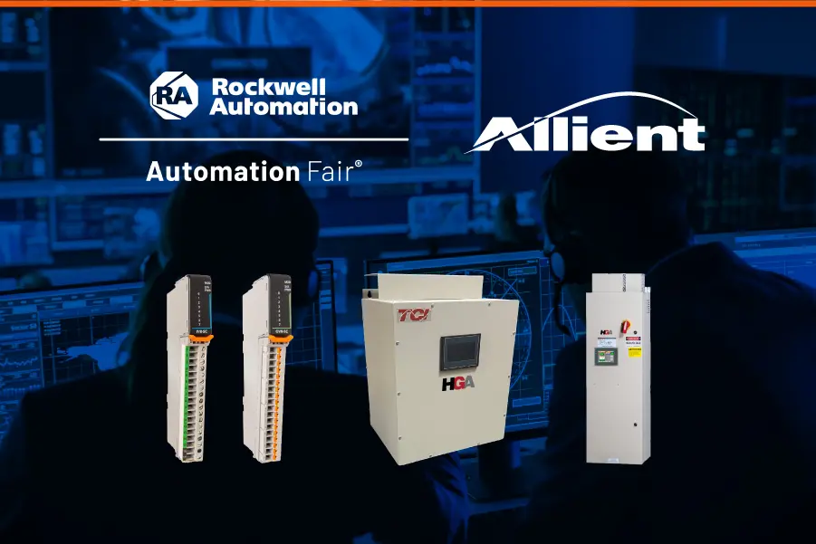 Allient Inc. showcasing industrial I/O modules and TCI power quality solutions at Rockwell Automation Fair 2025, displayed over a control-room background.