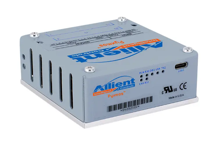 Allient Pyxmos™ module servo drive in compact form-factor showing front panel and heat-sinking fins, designed for high-speed OEM motion control systems.