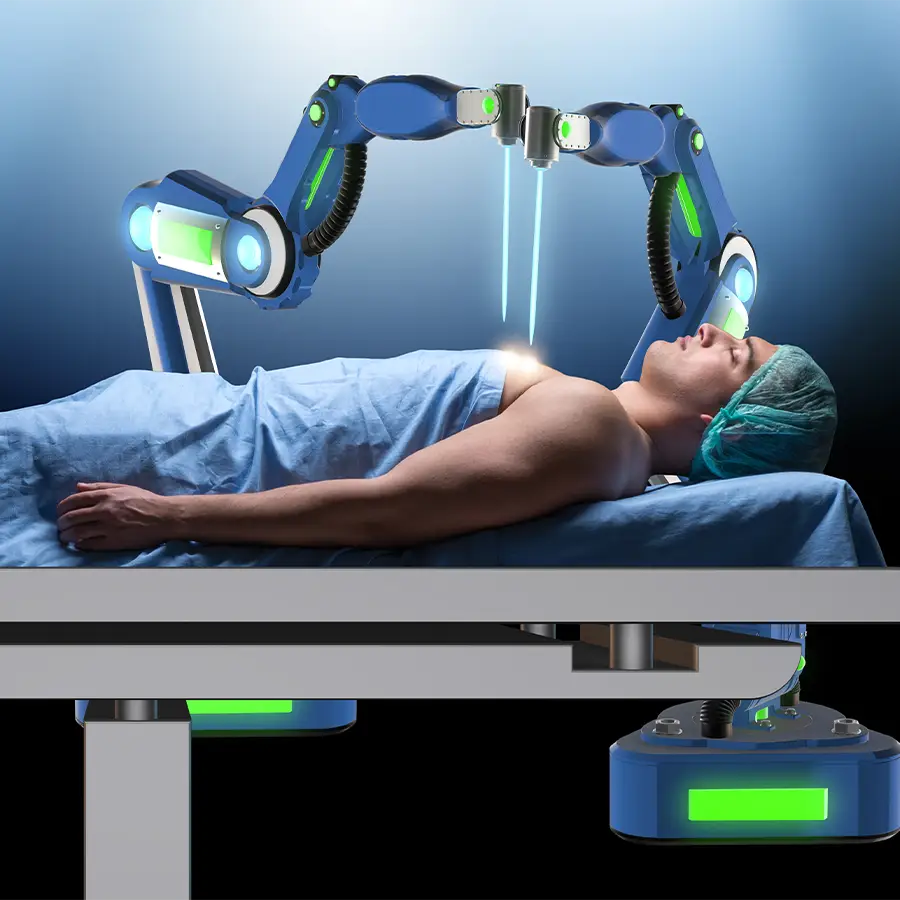 Robotic surgery arms person laying on surgery bed.