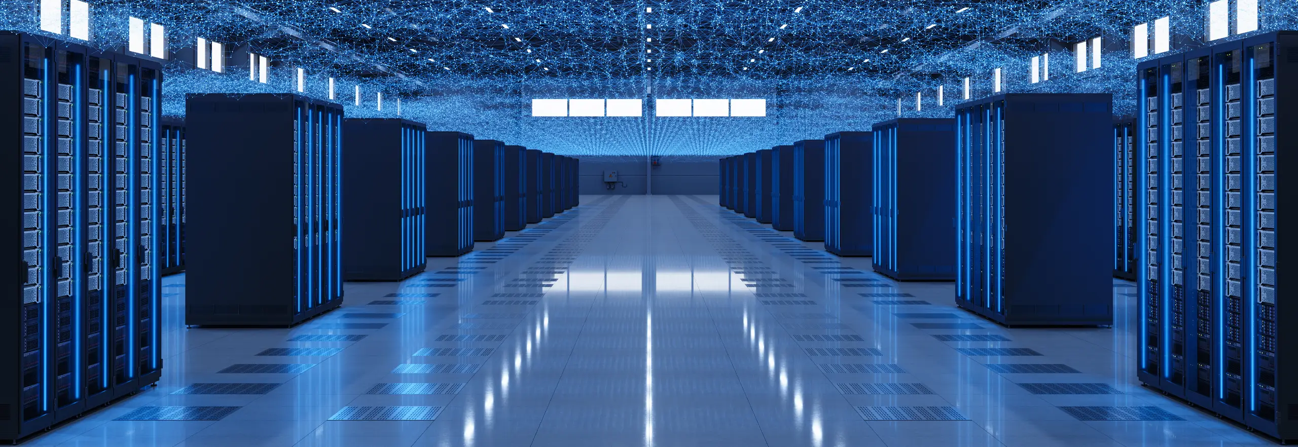 Data center server racks with plexus lines and connection dots