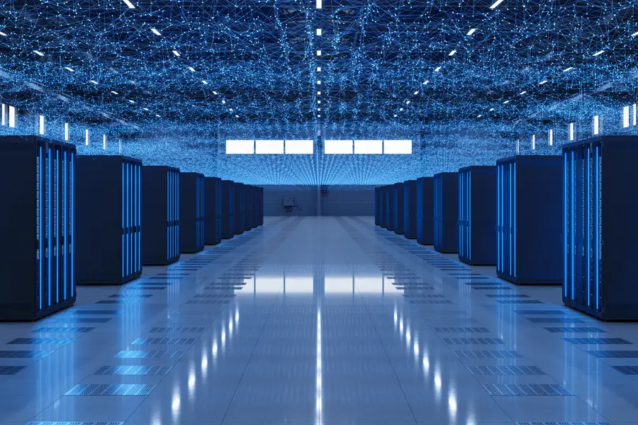 Data center server racks with plexus lines and connection dots