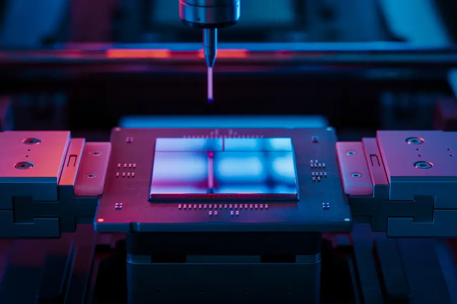 Microchip on Conveyor Line during Production and Packaging Process on Semiconductor Fab