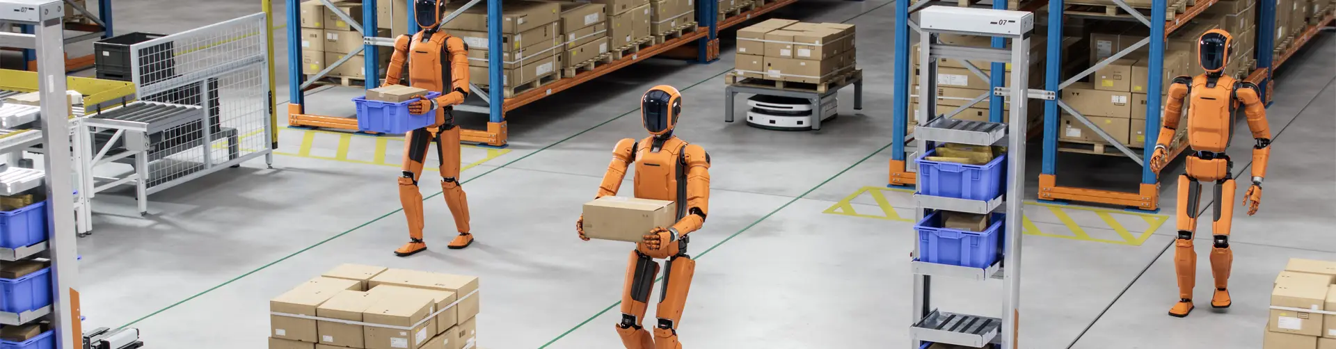Humanoid robots carrying packages in warehouse