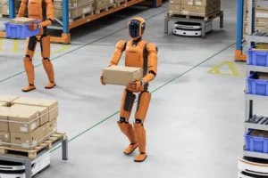 Humanoid robotics carrying packages in a warehouse