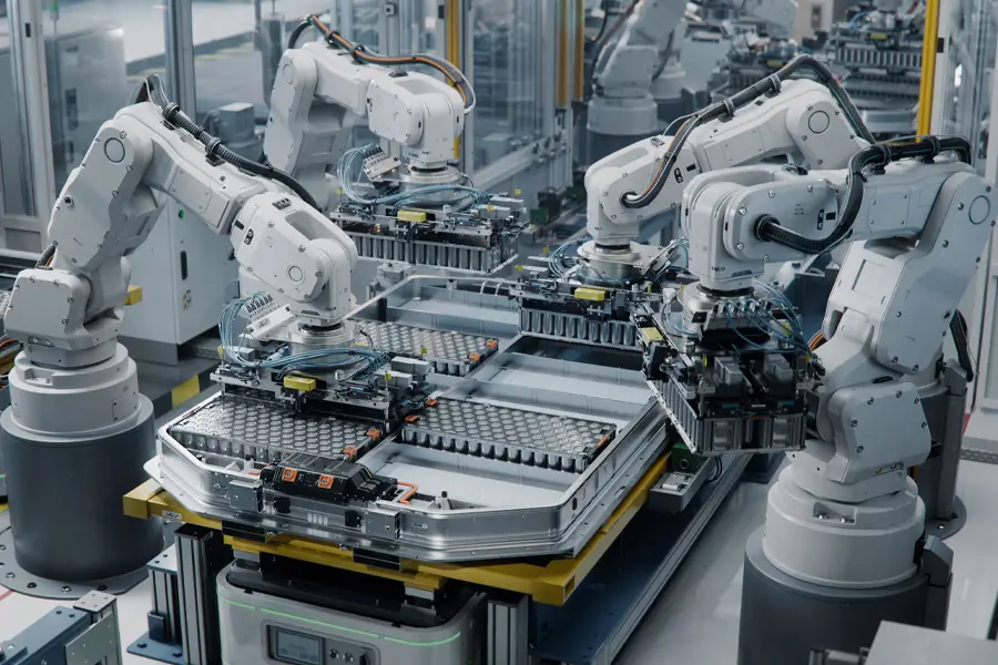 Industrial Robot Arms Assemble Lithium-Ion EV Battery Pack