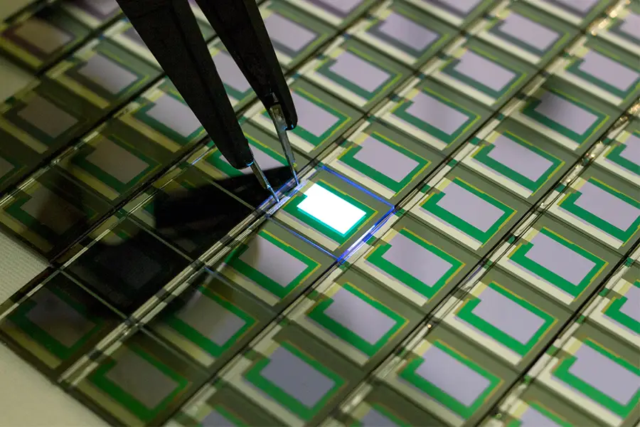Group of small displays on silicon wafer.